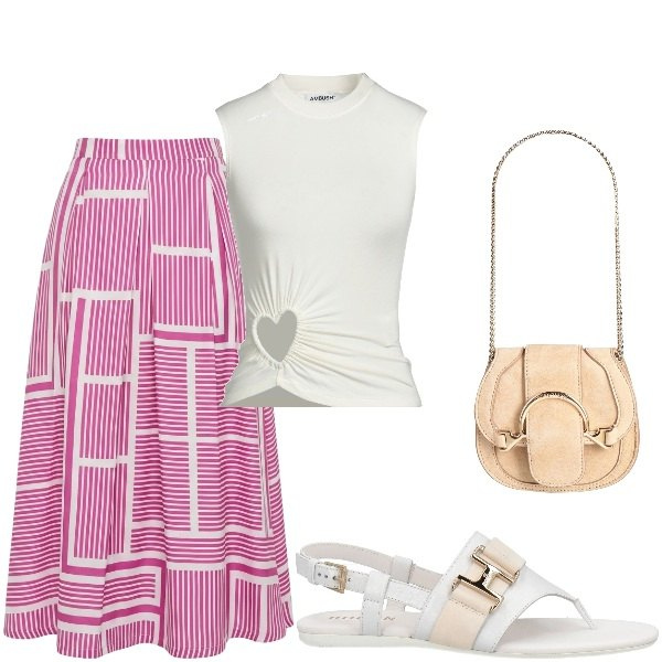 Outfit donna - Serata tra amici. Stile Casual chic per Serata fuori. Abbinamento con infradito, marsupi, top, gonne lunghe.