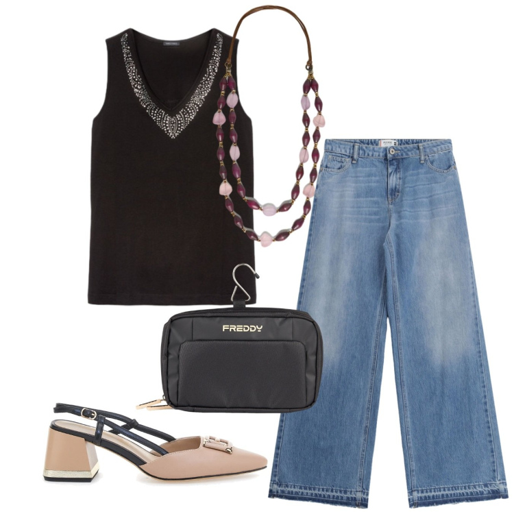 Outfit donna - Sling chic. Stile Casual chic per Serata fuori. Abbinamento con jeans, canottiere, collane, valigie, décolleté.
