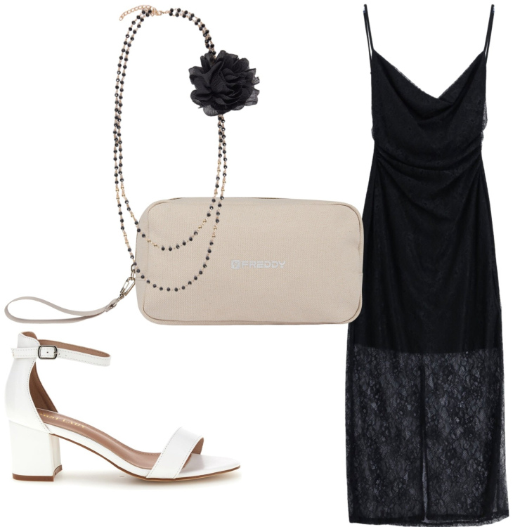 Outfit donna - Trasparenze di sera. Stile Chic per Serata fuori. Abbinamento con vestiti midi/longuette, valigie, collane, sandali col tacco.