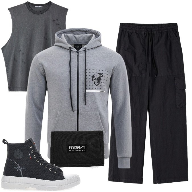 Outfit uomo - Tempo libero - streetwear. Stile Urban per Tutti i giorni. Abbinamento con pantaloni cargo, t-shirt, portafogli, sneakers, felpe con cappuccio.