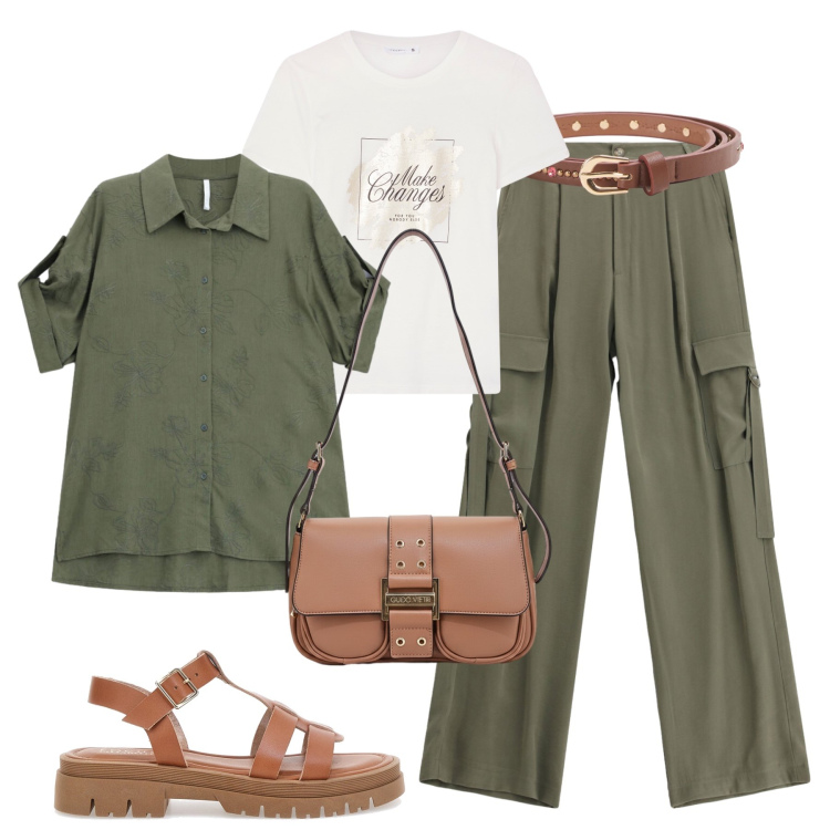 Outfit donna - Estate, arte, easy style. Stile Urban per Tutti i giorni. Abbinamento con camicie a manica corta, t-shirt, cinture, pantaloni cargo, borse a spalla, sandali.