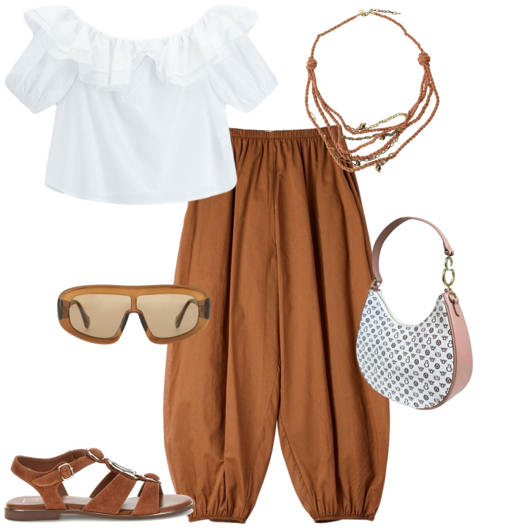 Outfit donna - Casual chic in città. Stile Casual chic per Tutti i giorni. Abbinamento con pantaloni, bluse, occhiali da sole, collane, borse a spalla, sandali.