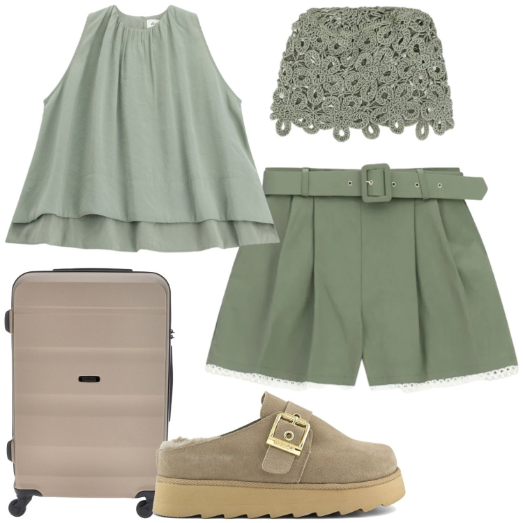 Outfit donna - Vacanza. Stile Casual per Tutti i giorni. Abbinamento con accessori per capelli, canottiere, shorts, valigie, sabot.