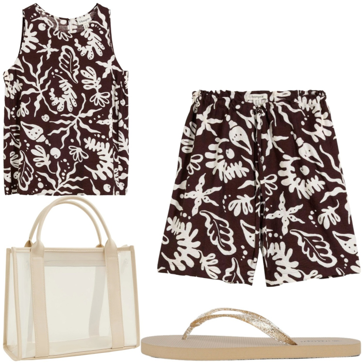 Outfit donna - Weekend al mare con il completo fantasia. Stile Minimal per Mare. Abbinamento con bermuda, top, borse tote, infradito.