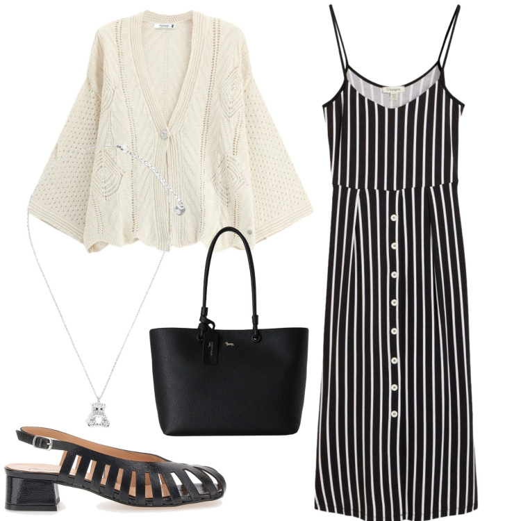 Outfit donna - Total look #2451631. Stile Casual chic per Tutti i giorni. Abbinamento con vestiti midi/longuette, cardigans, shopping bag, ciondoli, décolleté.