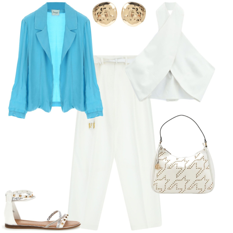 Outfit donna - Casual chic per la città. Stile Casual chic per Tutti i giorni. Abbinamento con pantaloni a palazzo, top, orecchini, blazer, sandali, borse a tracolla.