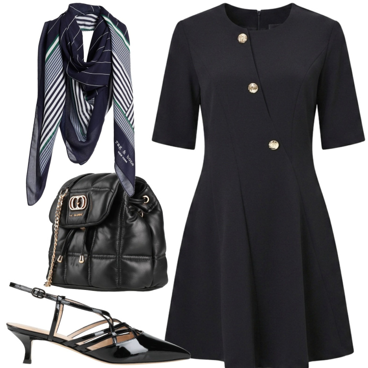 Outfit donna - Serata. Stile Casual chic per Serata fuori. Abbinamento con sciarpe, valigie, décolleté, vestiti asimmetrici.