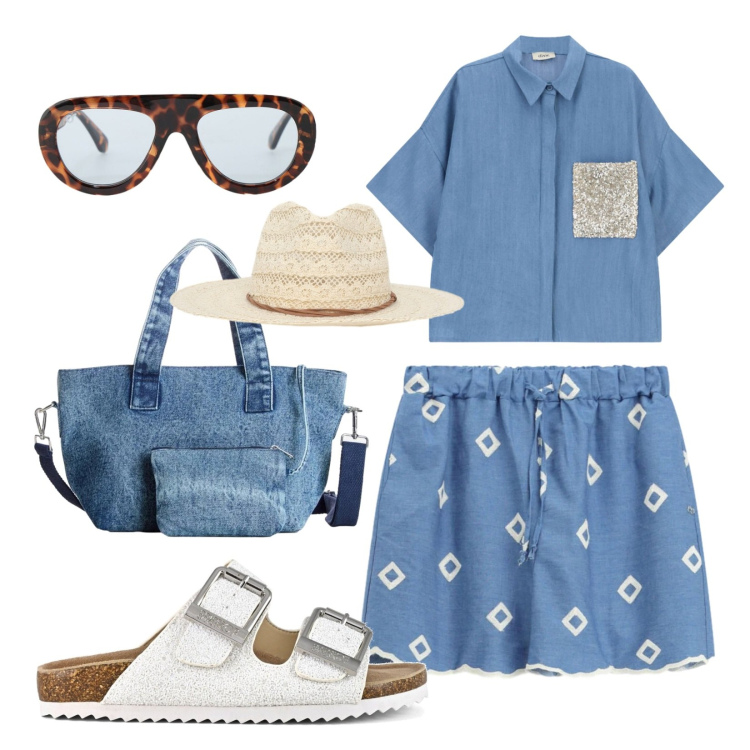 Outfit donna - Vacanze in città d\'arte. Stile Urban per Tutti i giorni. Abbinamento con borse a mano, cappelli, shorts, camicie a manica corta, occhiali da sole, sandali.