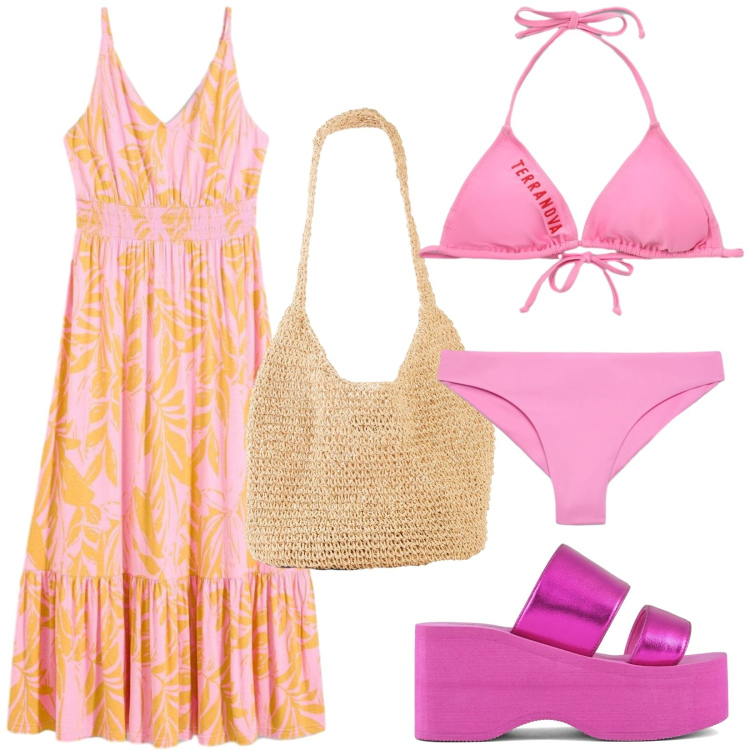 Outfit donna - Total look #2451635. Stile Trendy per Mare. Abbinamento con vestiti, shopping bag, bikini, bikini, zeppe.