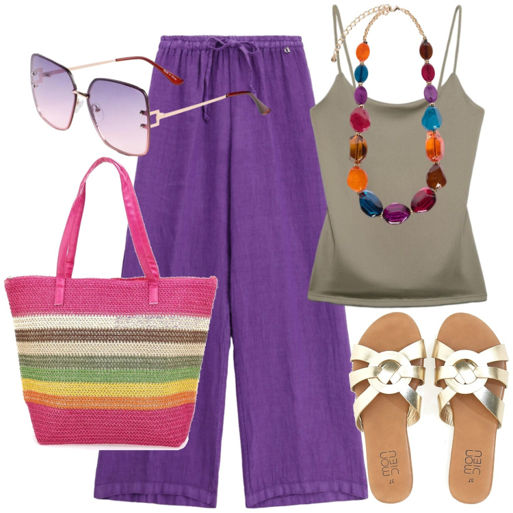 Outfit donna - Colori pieni. Stile Glamour per Tutti i giorni. Abbinamento con occhiali da sole, pantaloni, canottiere, collane, ciabatte, shopping bag.