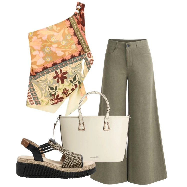 Outfit donna - Top foulard. Stile Bon Ton per Tutti i giorni. Abbinamento con sandali, shopping bag, pantaloni a palazzo, top.