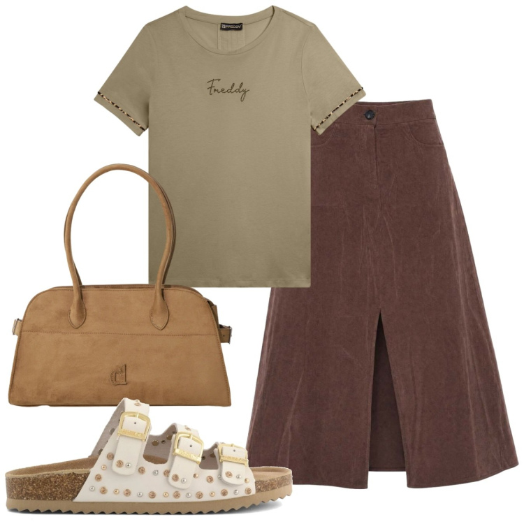 Outfit donna - Tre fibbie. Stile Bon Ton per Tutti i giorni. Abbinamento con borse a spalla, gonne lunghe, t-shirt, sandali.