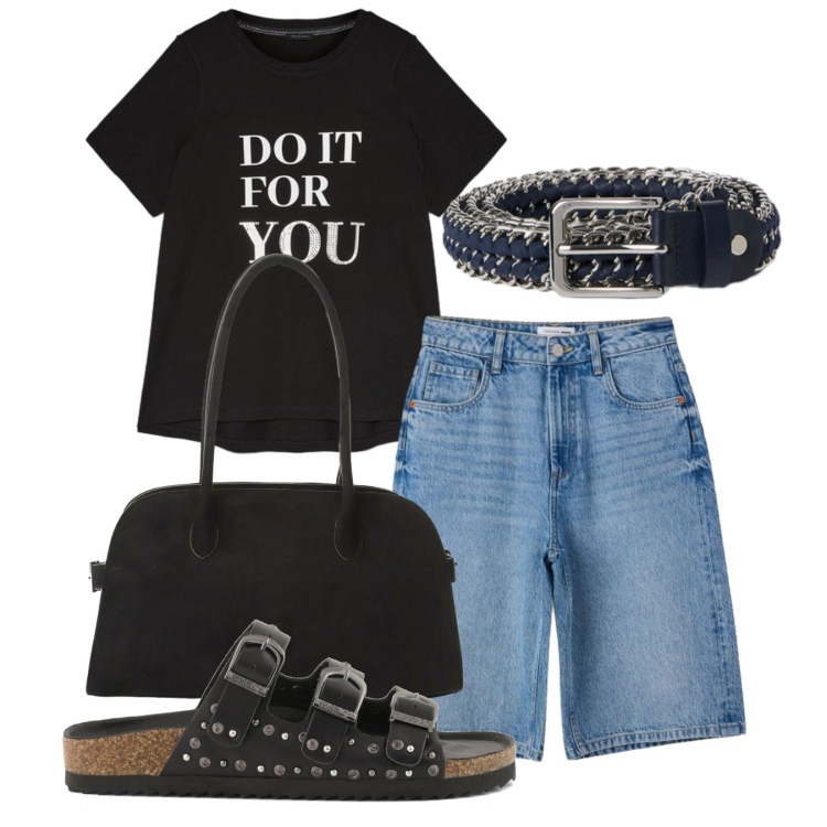 Outfit donna - Anima rock. Stile Rock per Tutti i giorni. Abbinamento con bermuda, borse a spalla, cinture, t-shirt, sandali.