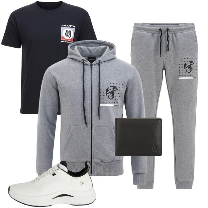 Outfit uomo - Tempo libero. Stile Casual per Tutti i giorni. Abbinamento con sneakers, pantaloni, felpe con cappuccio, portafogli, t-shirt.