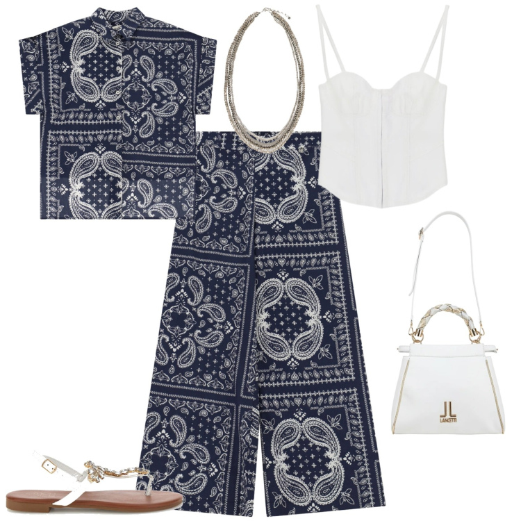 Outfit donna - Casual chic in città. Stile Casual chic per Tutti i giorni. Abbinamento con pantaloni a palazzo, camicie a manica corta, top, collane, sandali gioiello, borse a tracolla.