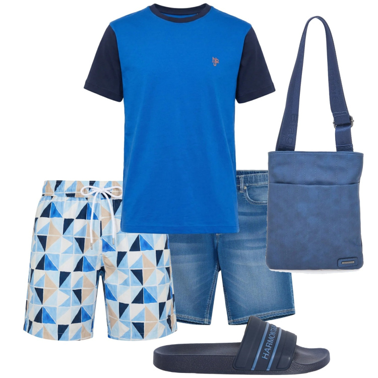 Outfit uomo - Total look #2451649. Stile Casual per Mare. Abbinamento con bermuda, sandali, t-shirt, costumi, portafogli.