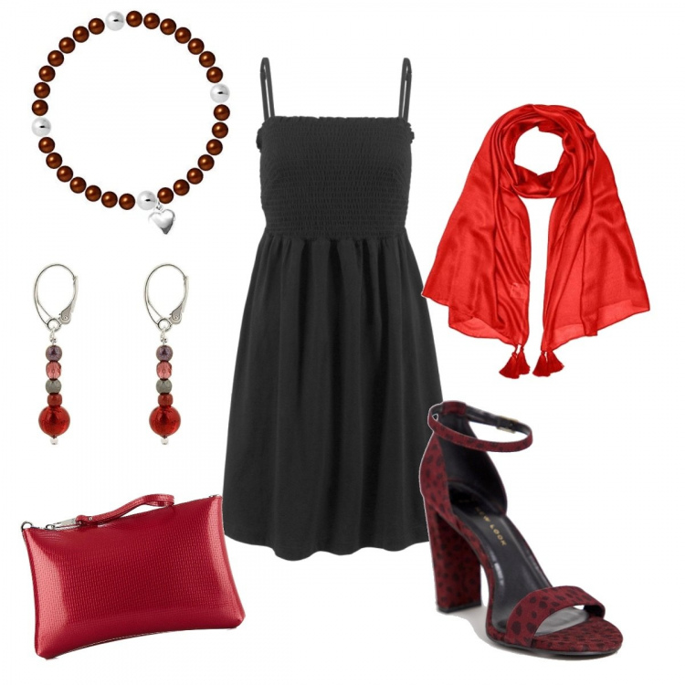 Outfit donna - Usciamo a prenderci il gelato. Stile Rock per Tutti i giorni. Abbinamento con vestiti, scarpe animalier con tacco largo collo aperto rosso, sciarpa rosso, braccialetto in argento 925 marrone, orecchini pendenti in con murano rosso, borsa a tracolla made italy effetto metallizzato con zip rosso.