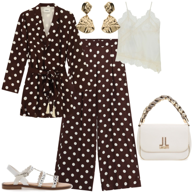 Outfit donna - Casual chic per la città con Dixie. Stile Casual chic per Tutti i giorni. Abbinamento con cappotti, pantaloni a palazzo, orecchini, top, sandali, borse a tracolla.