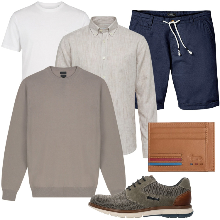Outfit uomo - Serate estive. Stile Casual per Serata speciale. Abbinamento con bermuda, t-shirt, camicie, portafogli, maglieria, sneakers.