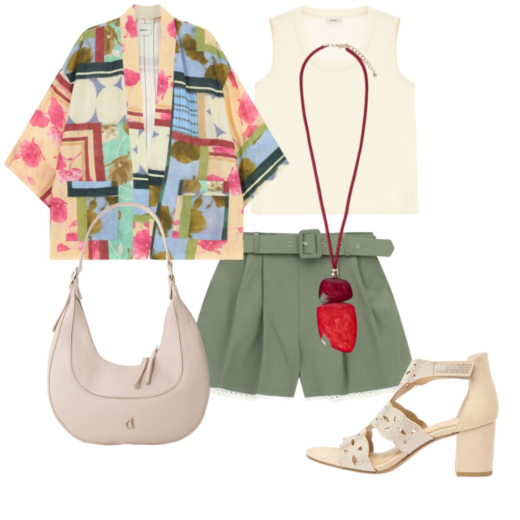 Outfit donna - Cena al porto. Stile Casual chic per Serata fuori. Abbinamento con sandali col tacco, borse a tracolla, canottiere, cappotti, shorts, ciondoli.