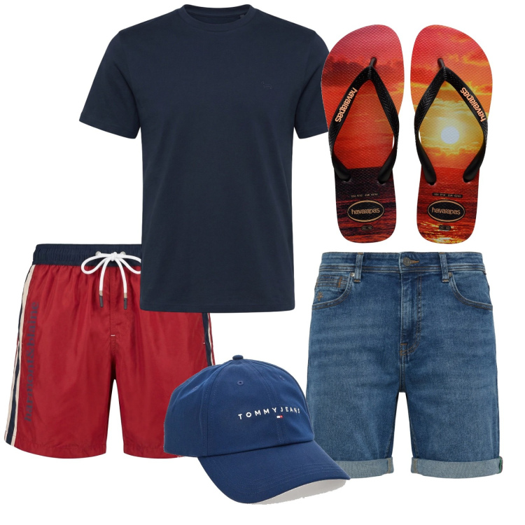 Outfit uomo - Total look #2451654. Stile Casual per Mare. Abbinamento con t-shirt, bermuda, costumi, sandali, cappelli con visiera.