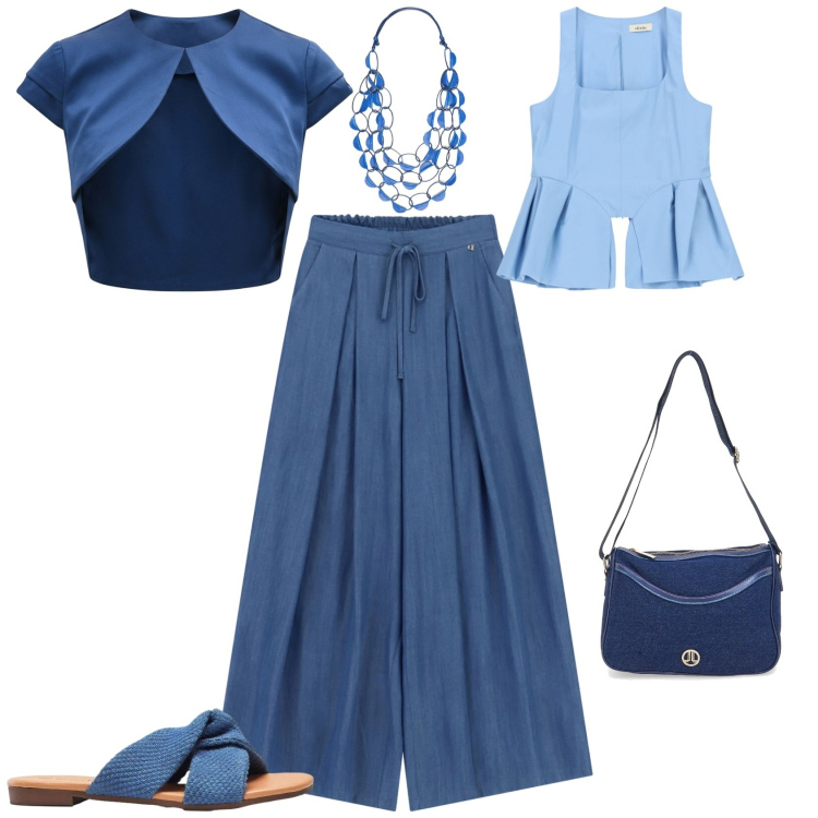 Outfit donna - Casual chic per la città. Stile Casual chic per Tutti i giorni. Abbinamento con ciabatte, pantaloni a palazzo, top, collane, bolero, borse a tracolla.