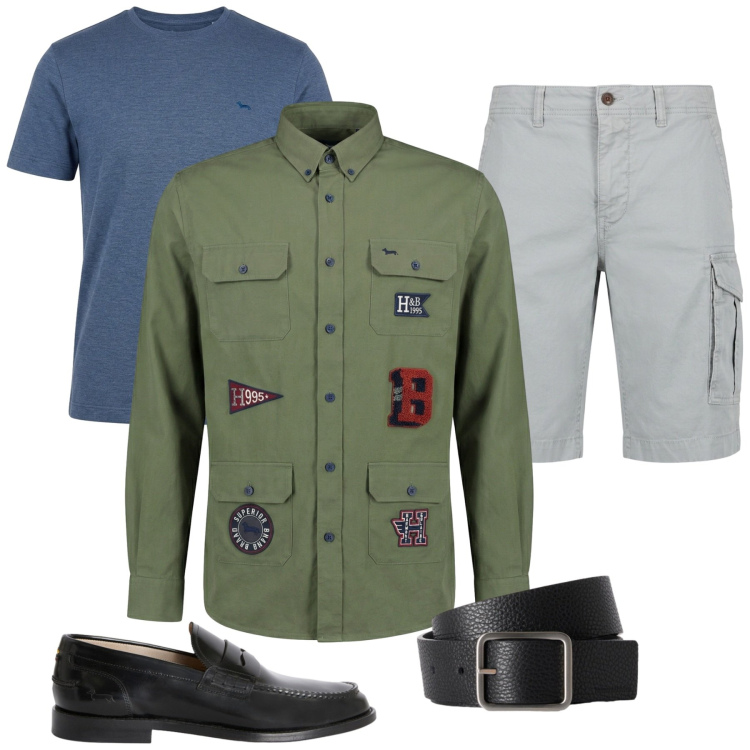 Outfit uomo - Utility - contrasti sofisticati. Stile Urban per Tutti i giorni. Abbinamento con bermuda, scarpe stringate, camicie, t-shirt, cinture.