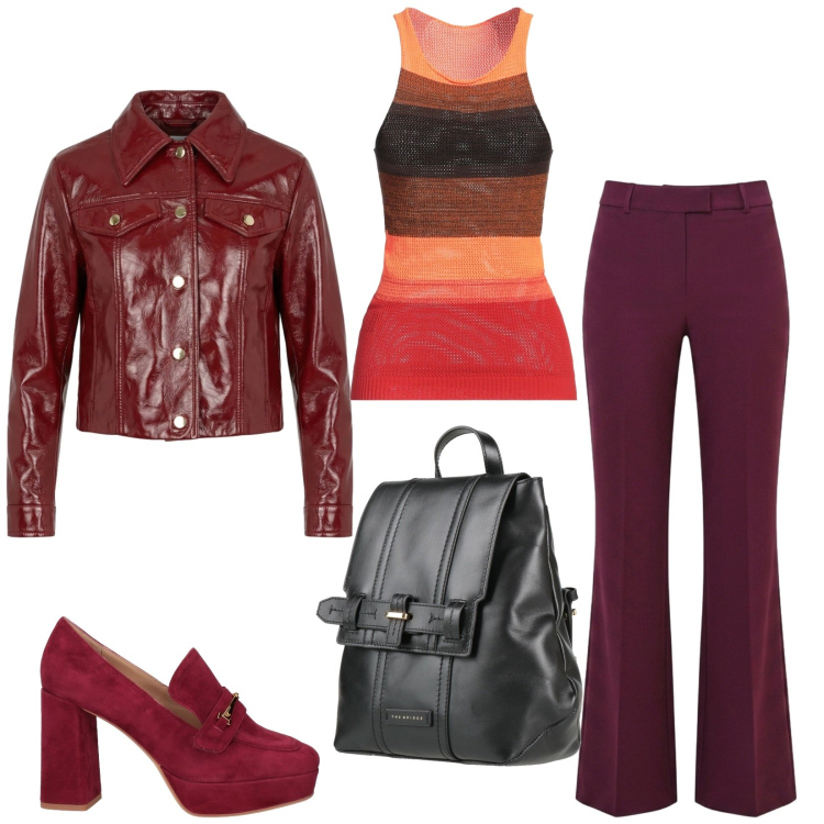 Outfit donna - Total look #2451663. Stile Trendy per Tutti i giorni. Abbinamento con top, mocassini, zaini, giacche, pantaloni.