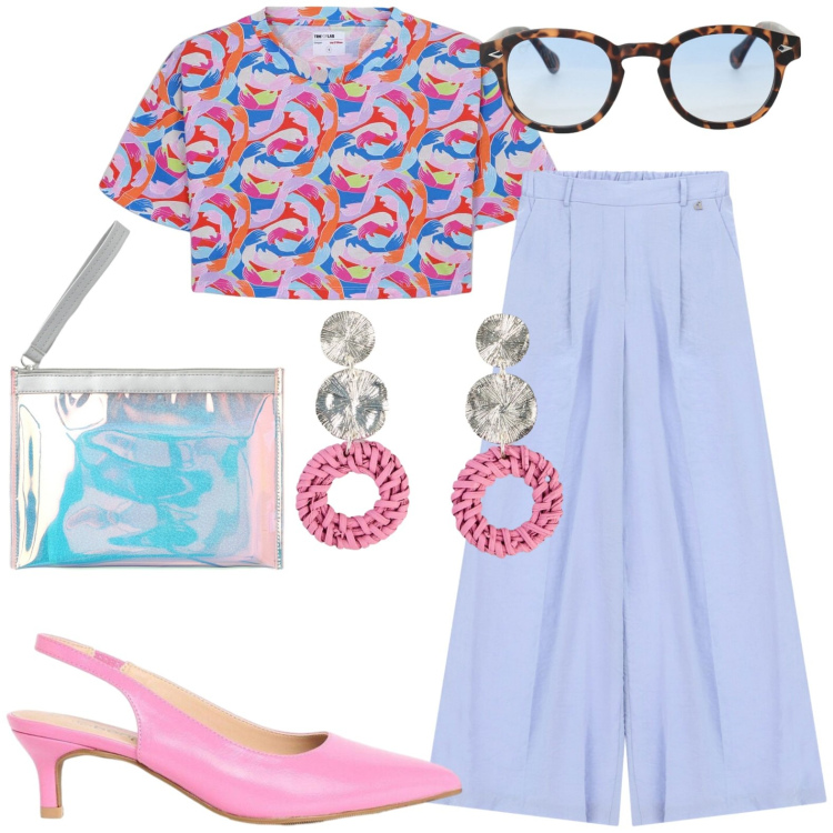 Outfit donna - Casual. Stile Casual per Tutti i giorni. Abbinamento con décolleté, orecchini, t-shirt, pochette, occhiali da sole, pantaloni a palazzo.