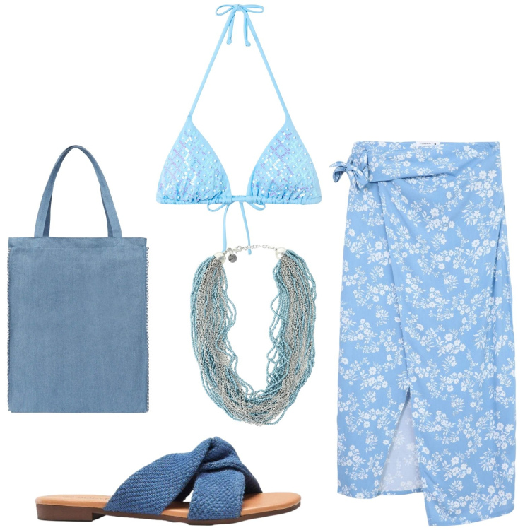 Outfit donna - Al mare. Stile Casual per Mare. Abbinamento con ciabatte, borse tote, vestiti da spiaggia, bikini, collane.