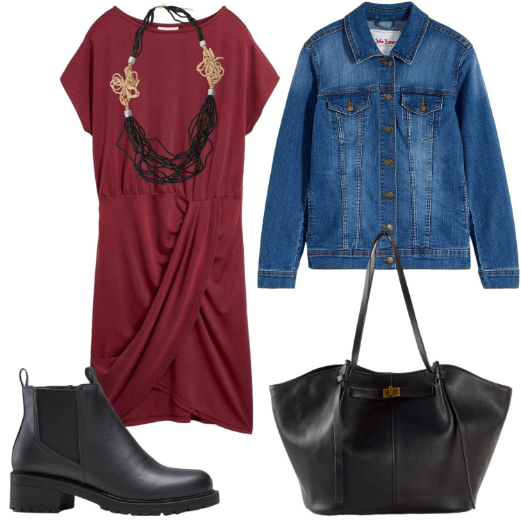 Outfit donna - Look contemporaneo. Stile Casual per Tutti i giorni. Abbinamento con vestiti, blazer, shopping bag, stivaletti, collane.