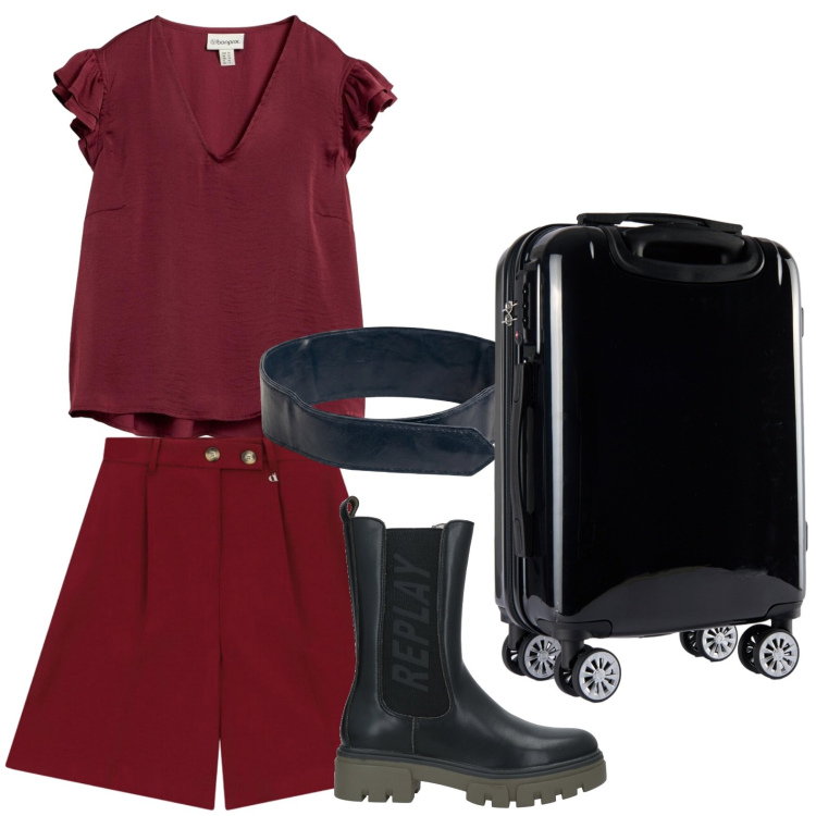 Outfit donna - Weekend wine. Stile Glamour per Tutti i giorni. Abbinamento con stivaletti, bluse, bermuda, valigie, cinture.
