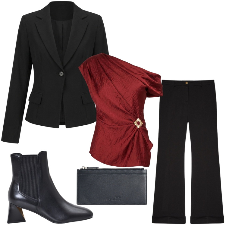 Outfit donna - Rosso asimmetrico. Stile Bon Ton per Ufficio. Abbinamento con portafogli, pantaloni, top, blazer, stivaletti.