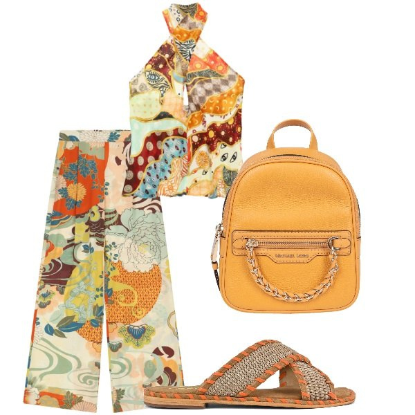 Outfit donna - Estate. Stile Casual per Tutti i giorni. Abbinamento con zaini, top, pantaloni a palazzo, ciabatte.