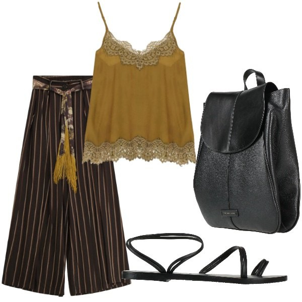 Outfit donna - A cena fuori. Stile Casual chic per Tutti i giorni. Abbinamento con zaini, ciabatte, top, pantaloni a palazzo.