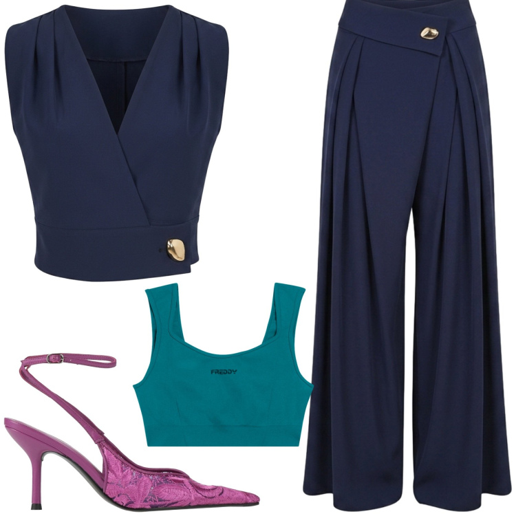 Outfit donna - Eleganza contemporanea. Stile Chic per Cerimonia. Abbinamento con décolleté, pantaloni a palazzo, top, top sportivi.