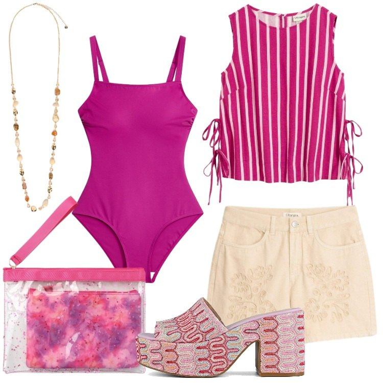 Outfit donna - Estate a colori pieni Donna Curvy. Stile Trendy per Mare. Abbinamento con costumi interi, canottiere, bermuda, pochette, collane, sabot.