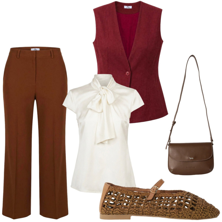 Outfit donna - Camicia con fiocco. Stile Glamour per Ufficio. Abbinamento con borse a tracolla, ballerine, gilet, pantaloni a palazzo, camicie.