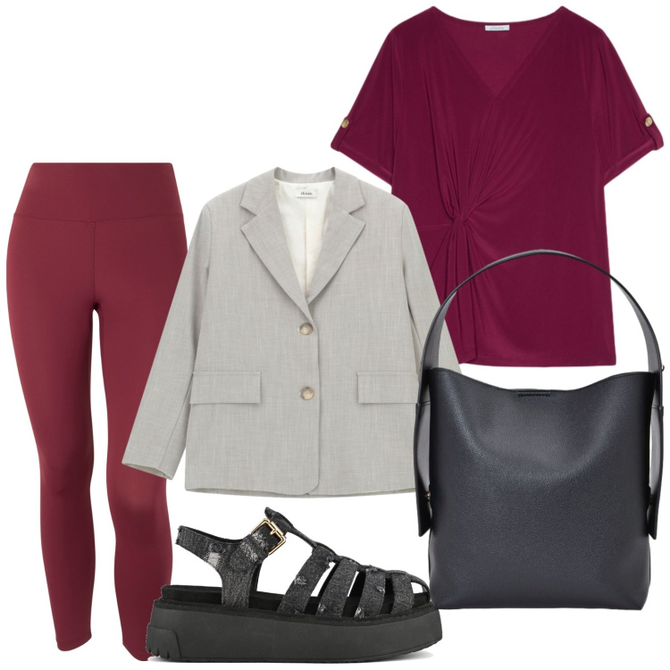 Outfit donna - Blazer d\'agosto. Stile Casual per Tutti i giorni. Abbinamento con blazer, borse a spalla, leggings, t-shirt, sandali.