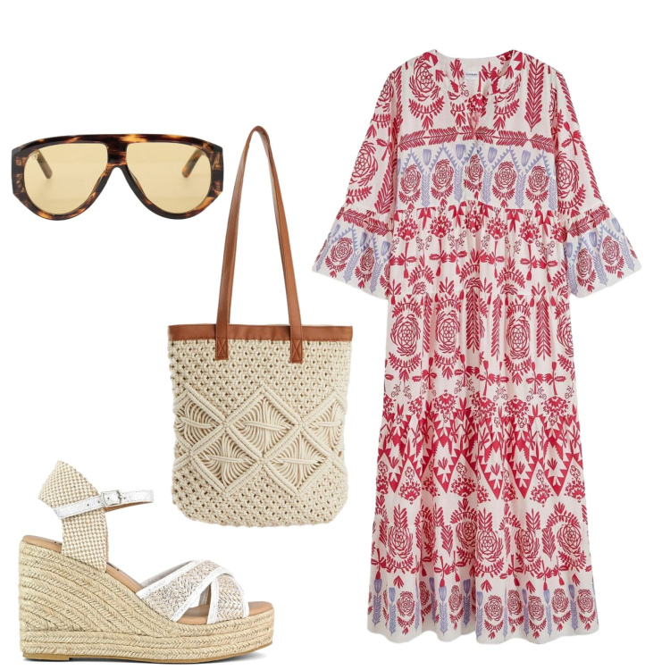 Outfit donna - Total look #2451715. Stile Minimal per Mare. Abbinamento con vestiti lunghi, shopping bag, occhiali da sole, zeppe.