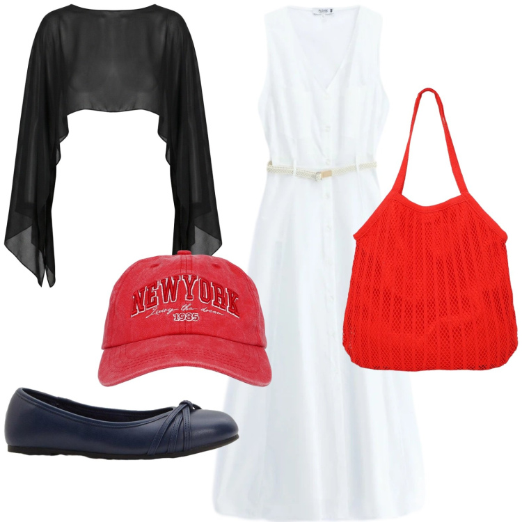 Outfit donna - In città. Stile Basic per Tutti i giorni. Abbinamento con ballerine, shopping bag, cappelli, vestiti lunghi, top.
