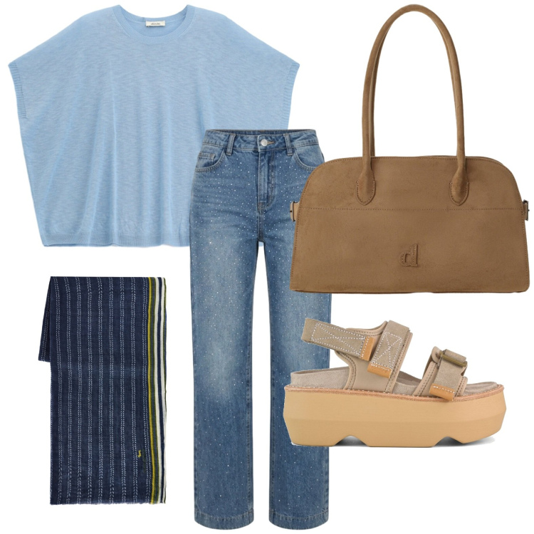 Outfit donna - Pashmina essenziale. Stile Glamour per Tutti i giorni. Abbinamento con sciarpe, t-shirt, borse a spalla, jeans, sandali col tacco.