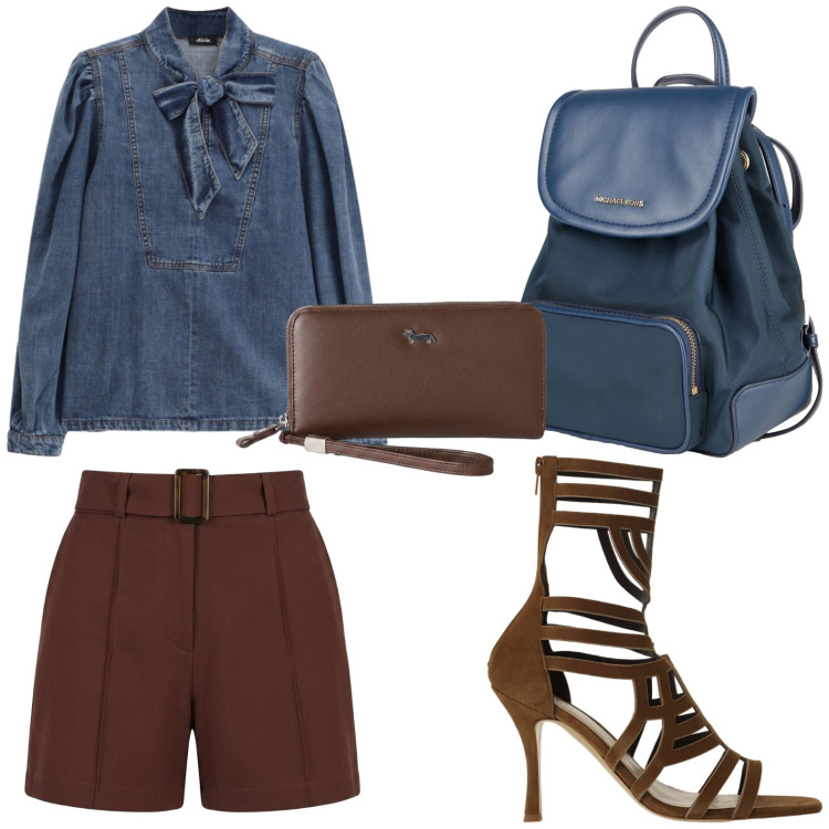 Outfit donna - Denim lovers. Stile Glamour per Tutti i giorni. Abbinamento con zaini, portafogli, sandali col tacco, camicie, shorts.