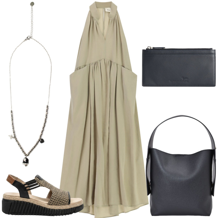 Outfit donna - In città. Stile Casual chic per Tutti i giorni. Abbinamento con sandali, portafogli, vestiti lunghi, borse a spalla, ciondoli.