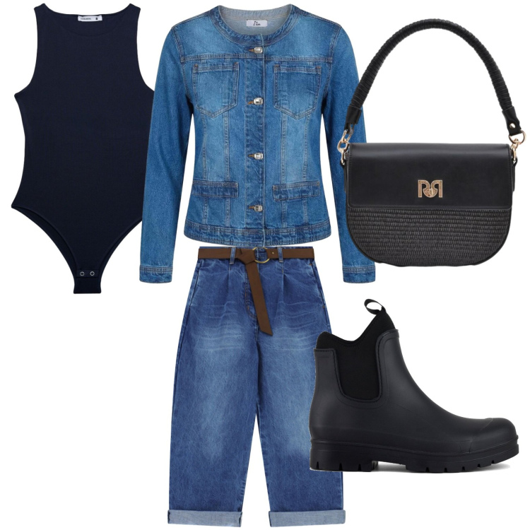 Outfit donna - Denim contemporaneo. Stile Casual per Tutti i giorni. Abbinamento con jeans, top, blazer, borse a spalla, stivali.