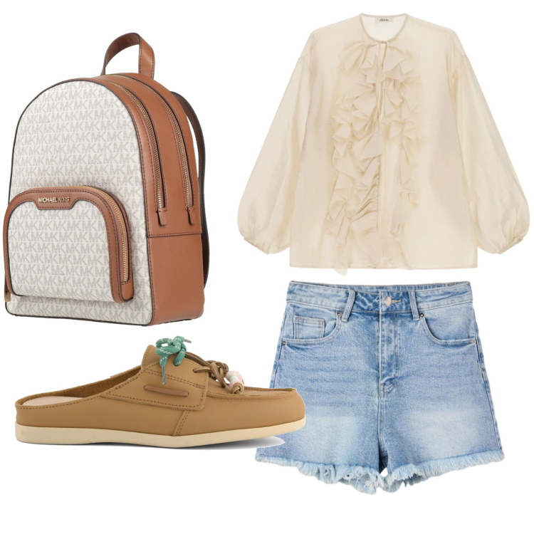 Outfit donna - Rouches voluminose. Stile Basic per Tutti i giorni. Abbinamento con zaini, shorts, bluse, sabot.