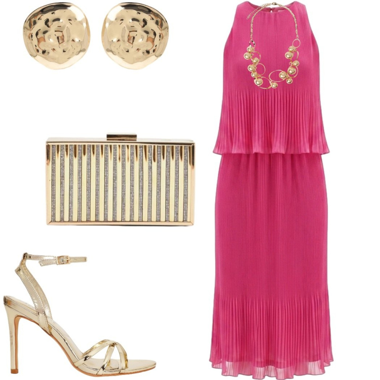 Outfit donna - Colori d\'estate. Stile Chic per Cerimonia. Abbinamento con orecchini, sandali col tacco, vestiti midi/longuette, clutch, collane.