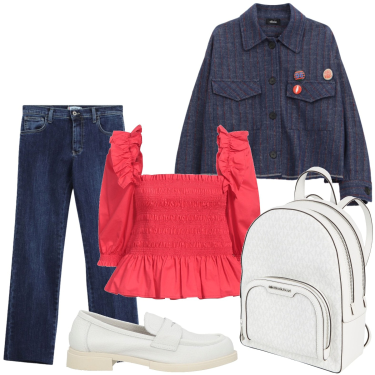Outfit donna - Denim con spille. Stile Glamour per Tutti i giorni. Abbinamento con zaini, top, mocassini, cappotti, jeans slim fit.