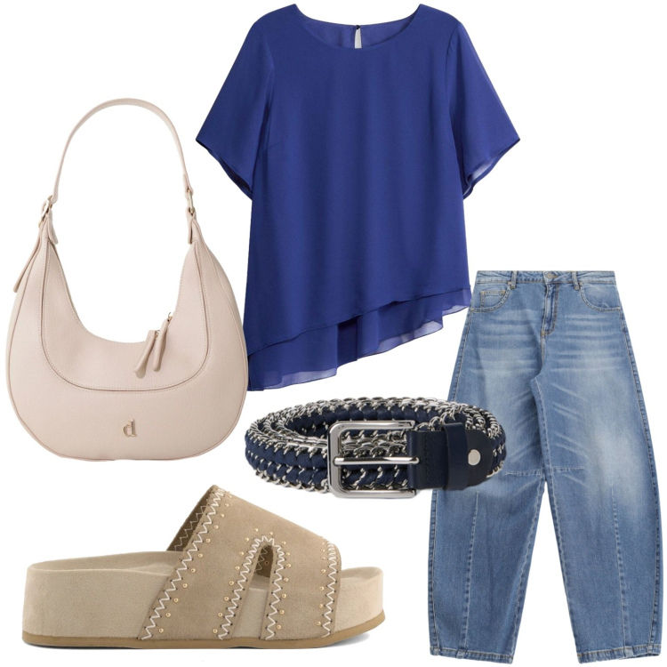 Outfit donna - Denim stiloso. Stile Casual per Tutti i giorni. Abbinamento con bluse, borse a tracolla, jeans, cinture, zeppe.