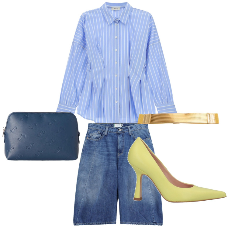 Outfit donna - Denim ufficioso. Stile Glamour per Tutti i giorni. Abbinamento con décolleté, bermuda, pochette, camicie, cinture.